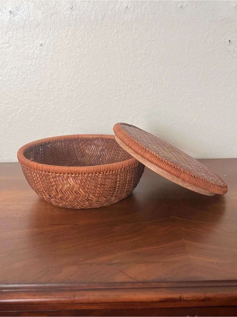 Vintage Woven Rattan Decorative Lidded Bowl / Basket